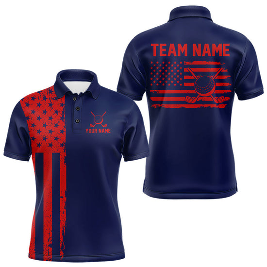 Maxcorners Navy And Red American Flag Mens Golf Polo Shirts Custom Name Patriotic Team Golf Uniform