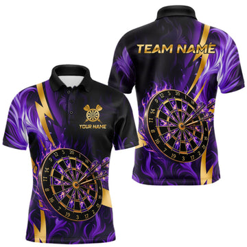 Maxcorners Purple Flame And Gold Dartboard Darts Polo Quarter-Zip Shirts For Men Custom Darts Team Jersey LM1508