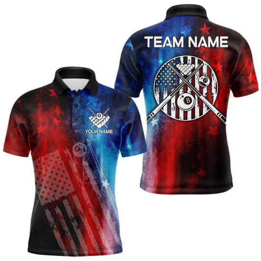 Maxcorners Red - Blue Grunge American Flag Billiard Pool Shirt For Men Personalized Patriot Billiard Team Attire LM1705