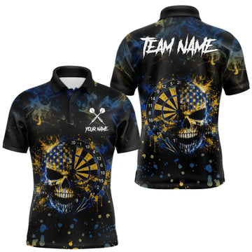 Maxcorners Blue & Yellow Splatter Skull Darts Polo Quarter Zip Shirt For Men Custom Smoke Skull Dart Team Jersey LM1508