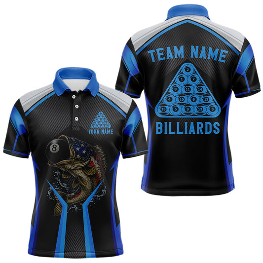 Maxcorners Funny Bass Hold Pool 8 Ball Men's Billiard Team Shirt Custom Billiard Polo & 1/4-Zip Attire|Blue