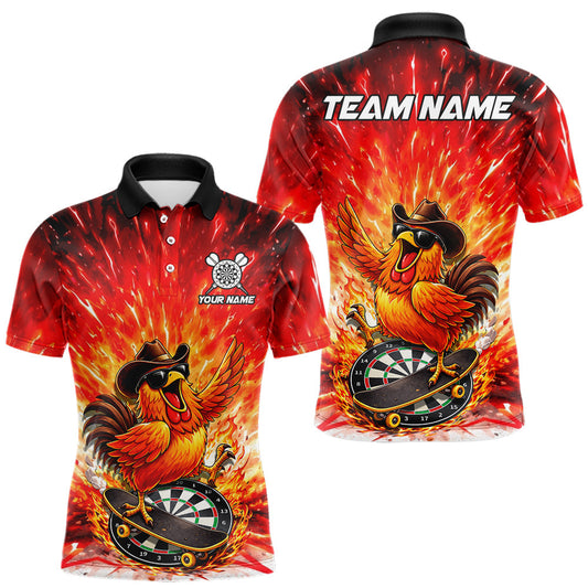Maxcorners Mens Darts Funny Rooster Red Flames Polo Shirt Custom Name Polo Quarter Zip Shirt Gift For Darters