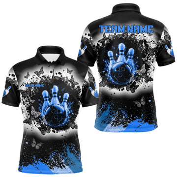 Maxcorners Black, White & Blue Splatter Bowling Shirt For Men Custom Butterfly Team Bowling Jersey LM1508
