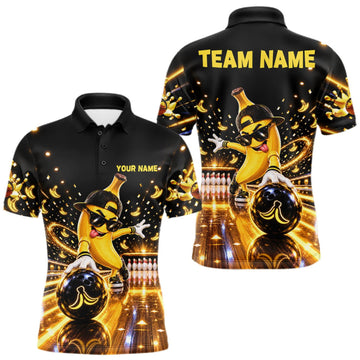 Maxcorners Funny Banana Bowling Polo Quarter-Zip Shirt For Men Custom Yellow Light Bowling Tournament Jersey LM1910