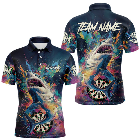 Maxcorners Personalized Multi-Color Splatter Funny Shark Men Darts Polo League Shirts Dart Jerseys
