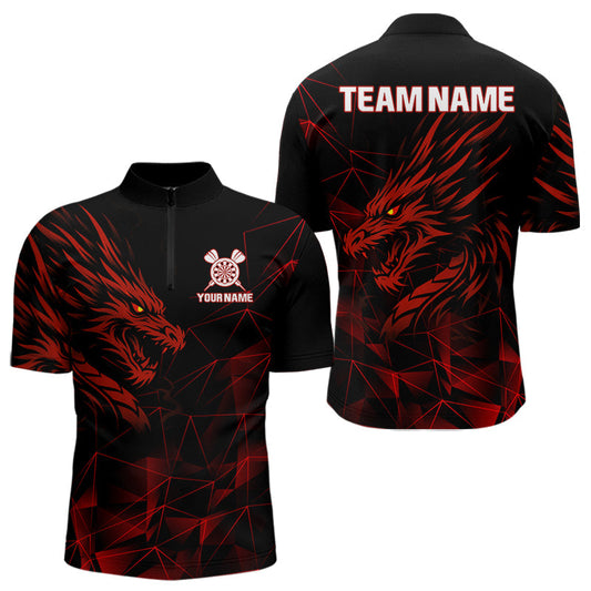 Maxcorners Men’s Custom Darts Shirt With Maroon Dragons And Black Geometric Pattern