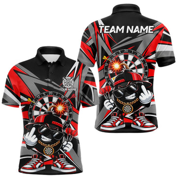 Maxcorners Custom Red & Grey Funny Bomb Darts Polo Quarter-Zip Shirt For Men Darts Tournament Jersey LM1910