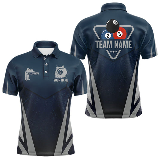 Maxcorners Personalized Dark Blue And Gray 8 Ball Billiard Pool Shirt For Men Custom Billiard Attire Team Jersey