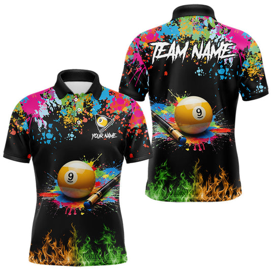 Maxcorners Colorful Paint & Flame 9 Ball Billiard Shirt For Men Personalized Cue Billiard Team Shirt LM1005