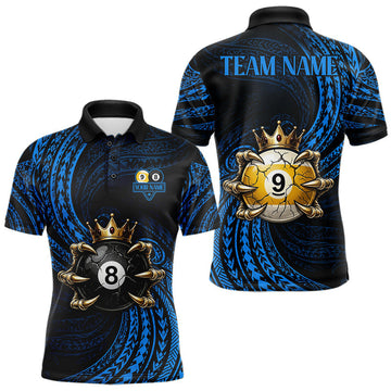Maxcorners Blue Tribal Pattern Mens Billiard Shirts Custom Skull Crown 8 Ball & 9 Ball Billiard Team Jersey