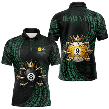 Maxcorners Green Tribal Pattern Mens Billiard Shirts Custom Skull Crown 8 Ball & 9 Ball Billiard Team Jersey