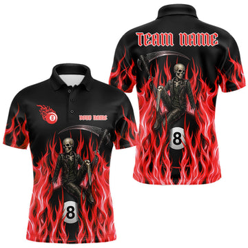 Maxcorners Funny Grim Reaper Billiard Pool Team Jersey Custom Fire Flame Billiard Shirt For Men | Red