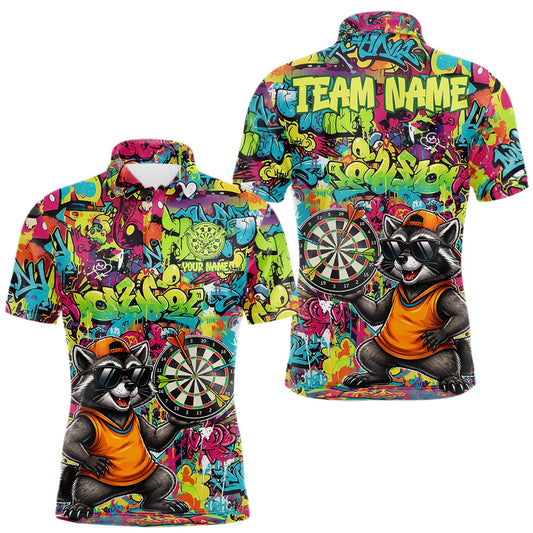 Maxcorners Cool Raccoon Dartboard Graffiti Darts Polo Quarter-Zip Shirt For Men Custom Funny Dart Jerseys