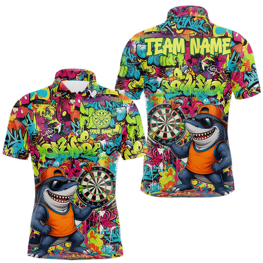 Maxcorners Cool Shark Dartboard Graffiti Darts Polo Quarter-Zip Shirt For Men Custom Funny Dart Jerseys