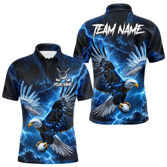 Maxcorners Blue Lightning Flying Eagle Golf Shirt For Men Custom Team Golf Polo Thunder Golf Apparel