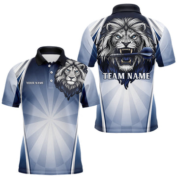 Maxcorners Personalized Blue And Silver Funny Lion Darts Shirt Lion Darts Polo & 1/4-Zip For Men Darts Gifts LM1903