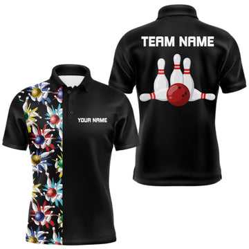 Maxcorners Colorful Bowling Polo 1/4-Zip Shirt Men Custom Red Bowling Ball And Pins Jersey Bowling Shirt LM2709