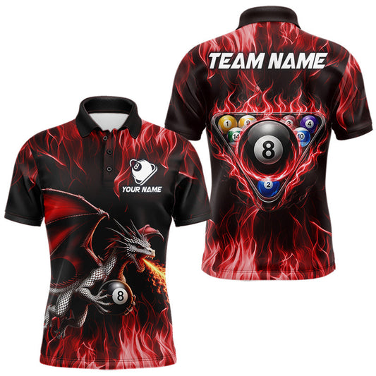 Maxcorners Custom Red Flaming Dragon 8 Ball Billiard Polo Shirts For Men, Dragon Billiard Pool Team Shirt