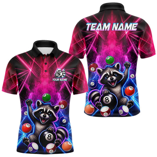 Maxcorners Funny Raccoon 8 Ball Pool Pink & Blue Smokes Mens Polo Shirts Custom Billiard Apparel, Billiard Gifts