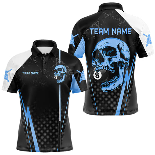 Maxcorners Black And Blue Grunge Skull 8 Ball Billiard Pool Shirts For Men Custom Skull Billiard Team Apparel