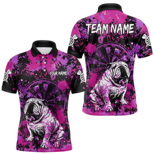 Maxcorners Custom Purple Splash Funny Bulldog Men Darts Polo League Shirts Splatter Dart Team Jerseys
