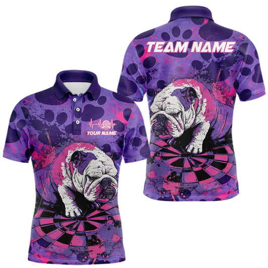 Maxcorners Pink & Purple Splatter Funny Lazy Bulldog Custom Men Darts Polo Shirts Dart League Jerseys