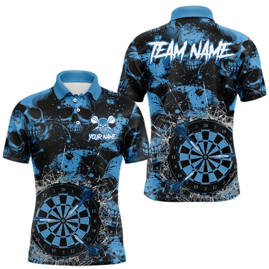 Maxcorners Blue Grunge Skull Cracked Glass Dartboard Custom Men Darts Polo Shirts Dart Team Jerseys