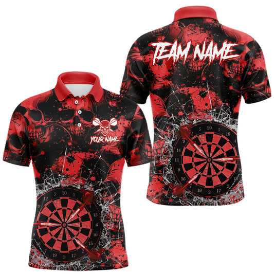 Maxcorners Red Grunge Skull Cracked Glass Dartboard Custom Men Darts Polo Shirts Dart Team Jerseys