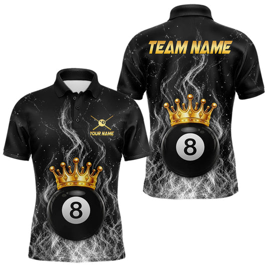Maxcorners Personalized Gold Crown 8 Ball Mens Billiard Pool Shirts Custom Fire Flame Billiard Jersey | White LM2405
