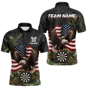 Maxcorners Custom Green Camouflage Darts Shirt for Men, Eagle American Flag Darts Polo & Quarter-Zip Team Jersey LM2607