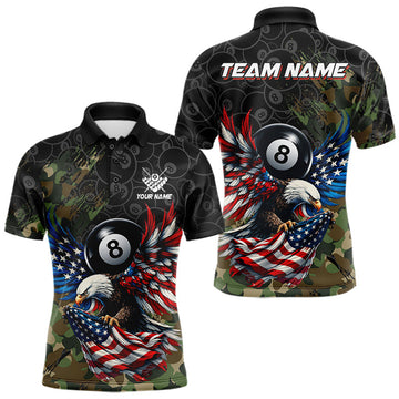 Maxcorners Custom Green Camouflage Billiard Shirt For Men Eagle American Flag 8 Ball Billiard Team Jersey LM2607