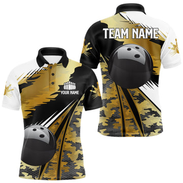 Maxcorners Mens Bowling Polo Quarter-Zip Shirts Custom Black Ball Gold Camo Bowling Team Jersey, Gift For Bowlers LM0409