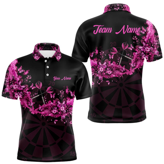 Maxcorners Black And Pink Flowers Smoke Butterflies Custom Men Darts Polo Shirts Dart Team Jerseys