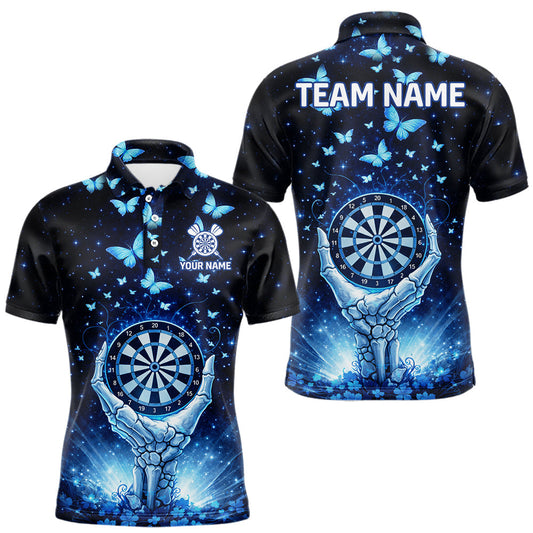 Maxcorners Blue Light Butterflies Skull Dartboard Custom Men Darts Polo Shirts Dart League Jerseys