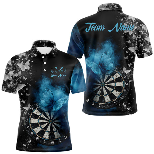 Maxcorners Custom Silver Butterfly Blue Smoking Grunge Dartboard Men Darts Polo Shirts Dart Jerseys