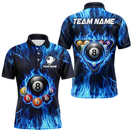 Maxcorners Fire Flame 8 Ball Billiard Shirt For Men Custom Blue Flames Pool Billiard Rack Team Shirt LM2704