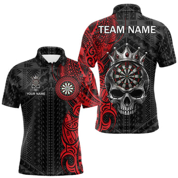 Maxcorners Black And Red Tribal Skull Darts Polo 1/4-Zip Shirt For Men Custom Crown Skull Darts Team Jersey LM2709
