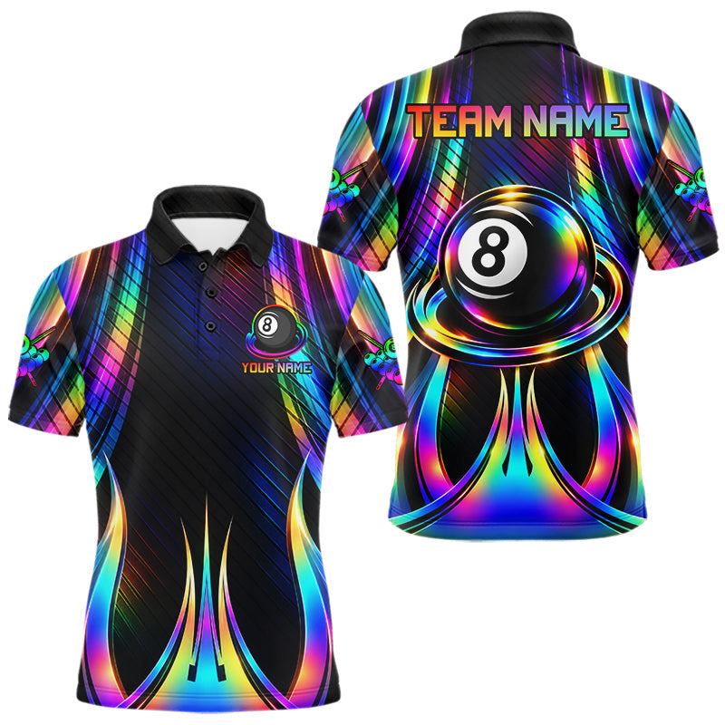 Maxcorners Holographic 8 Ball Pool Billiard Polo & Quarter-Zip Shirt For Men Custom Rainbow Billiard Team Attire