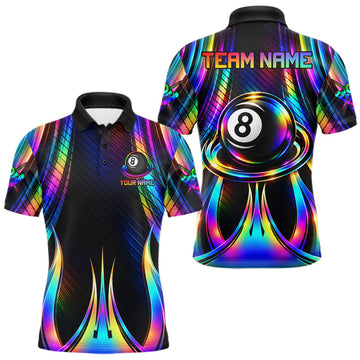 Maxcorners Holographic 8 Ball Pool Billiard Polo & Quarter-Zip Shirt For Men Custom Rainbow Billiard Team Attire