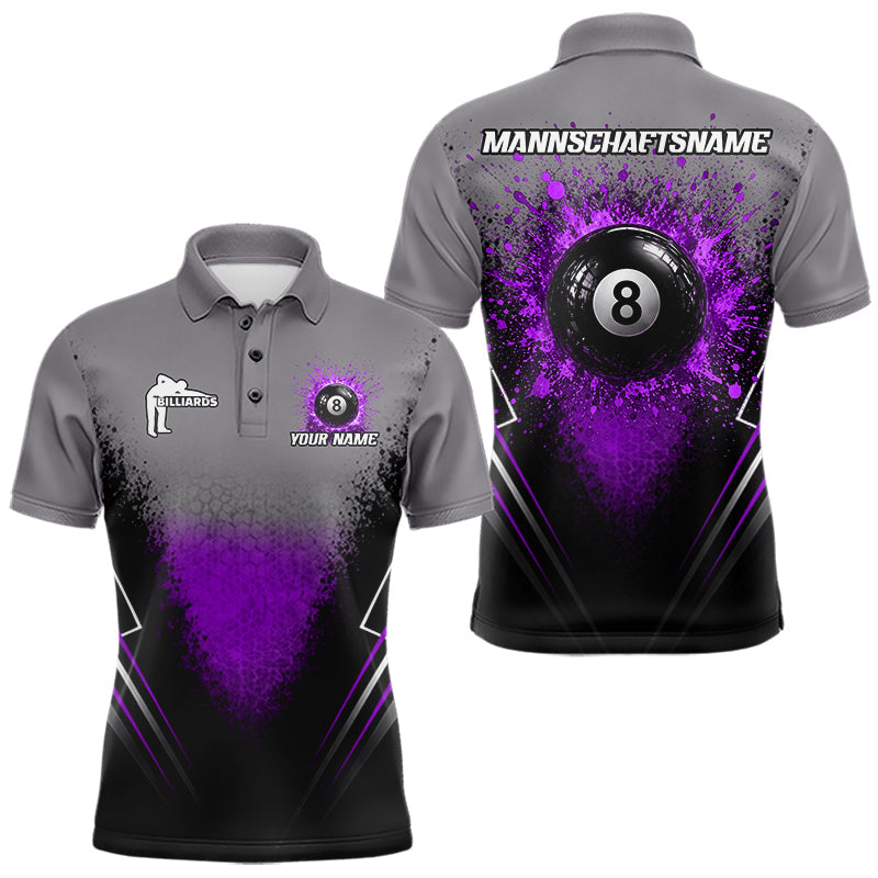 Maxcorners Personalized Grey And Purple Splatter 8 Ball Pool Billiard Shirt For Men Custom Billiard Team Jersey