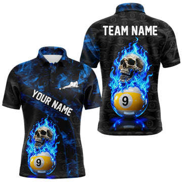 Maxcorners Blue Flaming Skull 9 Ball Pool Billiard Team Shirt For Men Custom Flame Billiard Ball & Cue Gifts