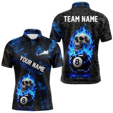 Maxcorners Blue Flaming Skull 8 Ball Pool Billiard Team Shirt For Men Custom Flame Billiard Ball & Cue Gifts
