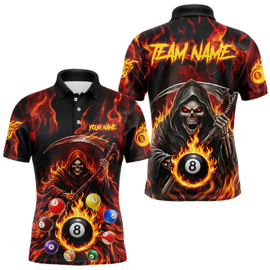 Maxcorners Grim Reaper 8 Ball Billiard Shirt For Men Custom Red Flames 8 Ball Pool Billiard Team Attire LM2704