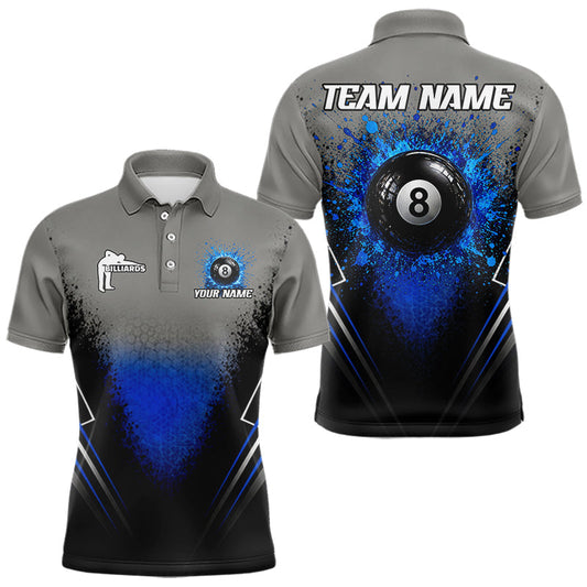 Maxcorners Personalized Grey And Blue Splatter 8 Ball Pool Billiard Shirt For Men Custom Billiard Team Jersey LM2704