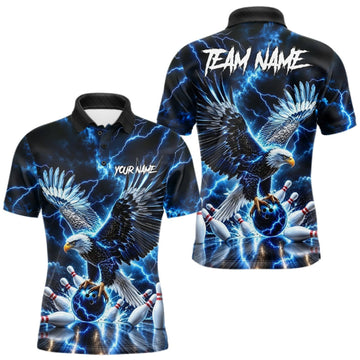 Maxcorners Blue Fierce Eagle Bowling Shirt For Men Personalized Thunder Lightning Bowler Polo 1/4-Zip Jersey LM2709