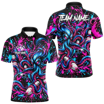 Maxcorners Pink Blue Octopus Men Bowling Shirt Custom Name Paint Splatter Polo 1/4-Zip Bowling League Tournament LM2709