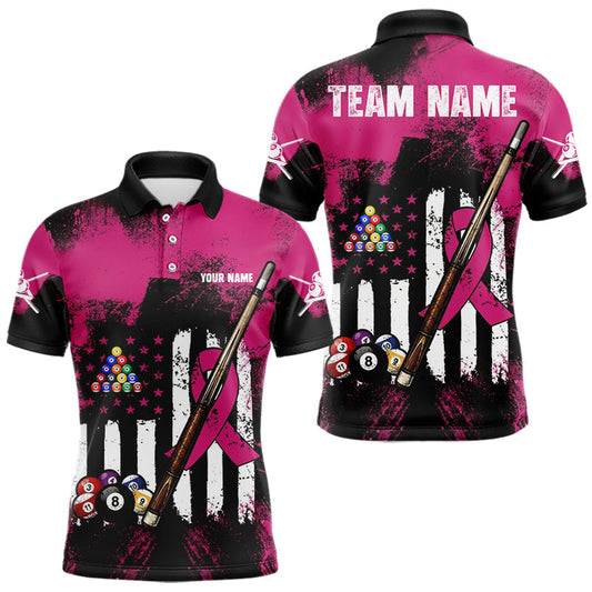 Maxcorners Pink Ribbon Grunge US Flag Patriotic Men Billiard Shirts Custom Breast Cancer Billiard Jerseys
