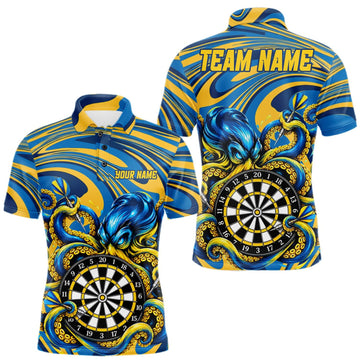 Maxcorners Custom Funny Octopus Dart Polo 1/4-Zip Shirt For Men Blue Yellow Swirl Darts Tournament Team Shirt LM2709