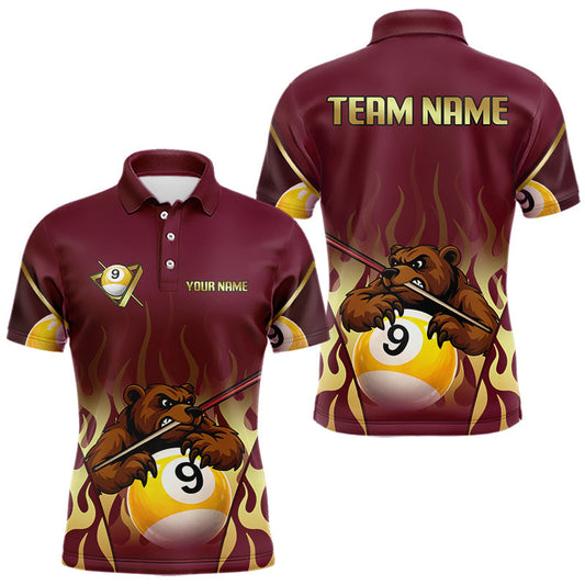 Maxcorners Bear & Pool 9 Ball Funny Billiard Shirts For Men Custom Name Billiard Team Jerseys LM2512