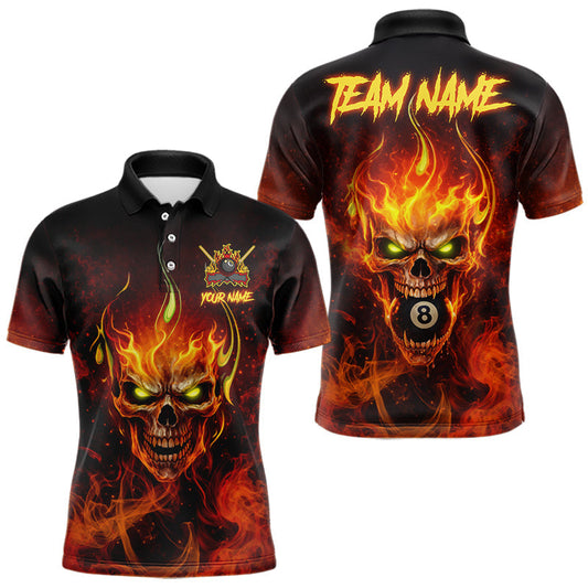 Maxcorners Orange Flaming Horror Skull 8 Ball Pool Men Billiard Polo & 1/4-Zip Shirt Custom Billiard Team Attire LM2602